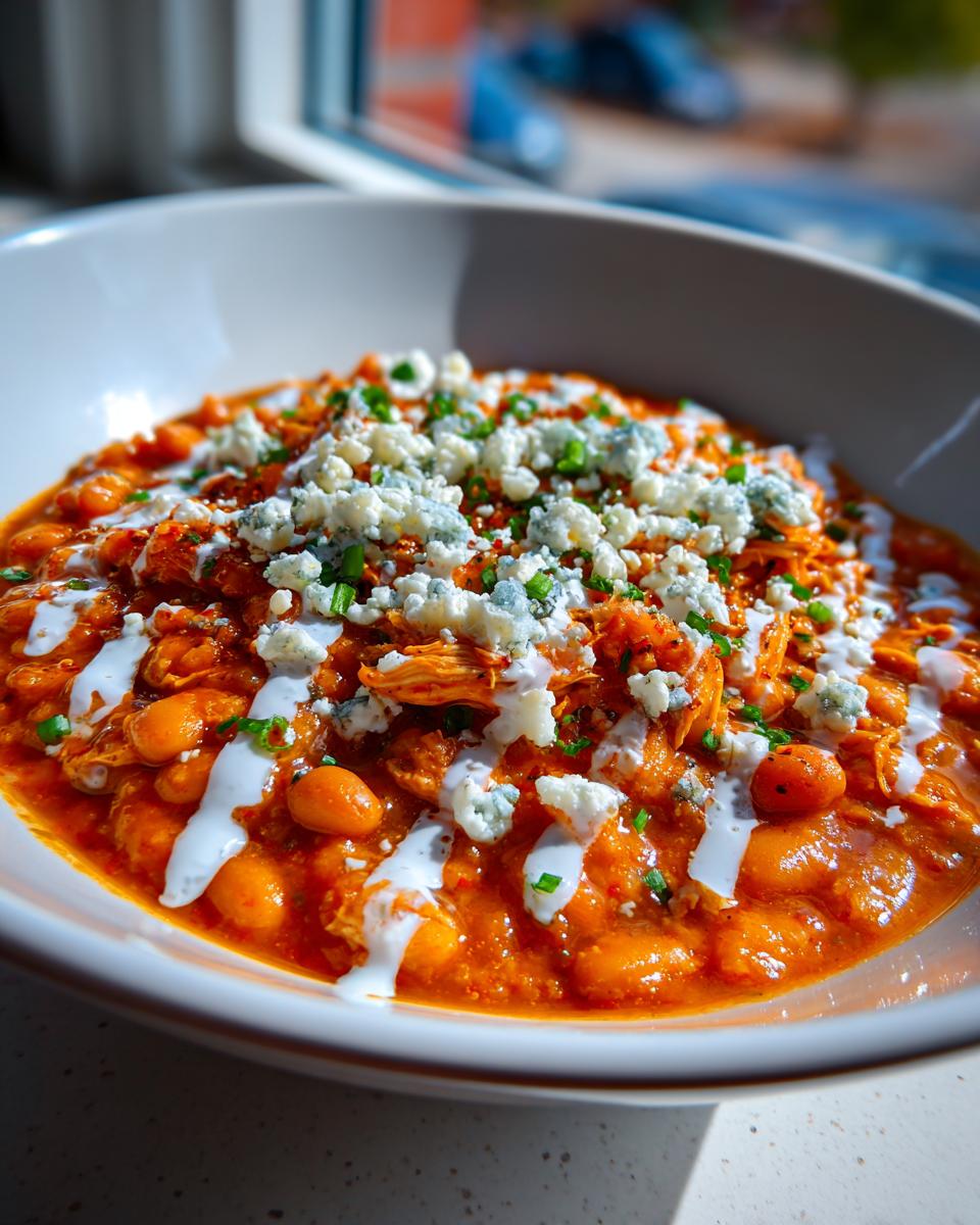 A close-up of a bowl of vibrant orange slow cooker buffalo chicken chili topped with crumbled blue cheese, ranch drizzle, and chives.