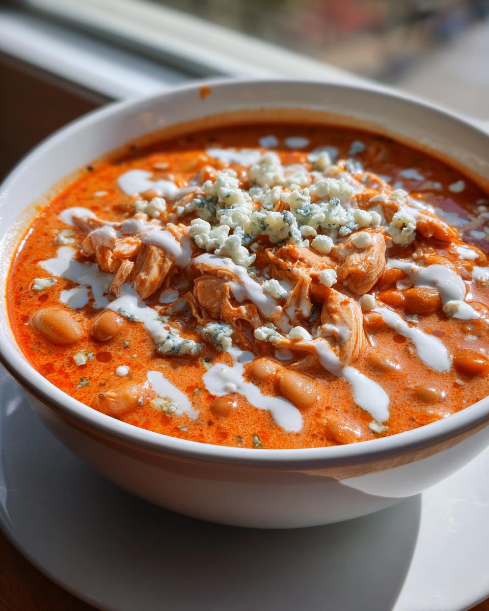 A close-up of a white bowl filled with vibrant orange slow cooker buffalo chicken chili, topped with shredded chicken, ranch drizzle, and blue cheese crumbles.