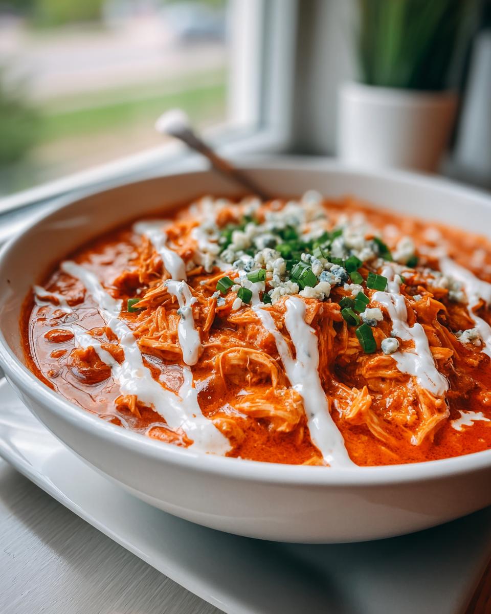 A close-up of a bowl of vibrant orange slow cooker buffalo chicken chili, topped with ranch drizzle, blue cheese crumbles, and chives.