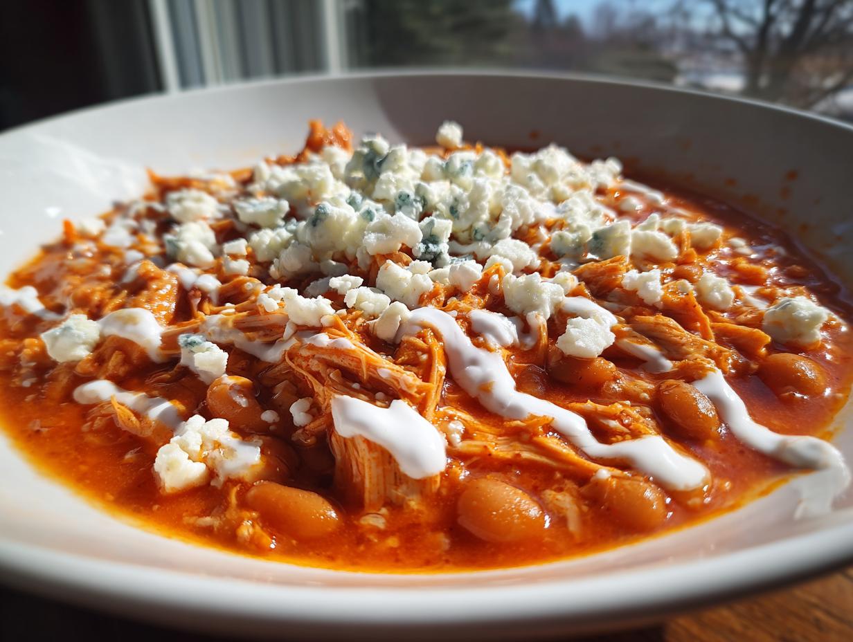 Close-up of a bowl of vibrant orange slow cooker buffalo chicken chili topped with crumbled blue cheese and a drizzle of white sauce.