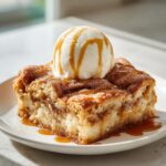 A square slice of warm snickerdoodle cobbler topped with vanilla ice cream and drizzled with caramel sauce.