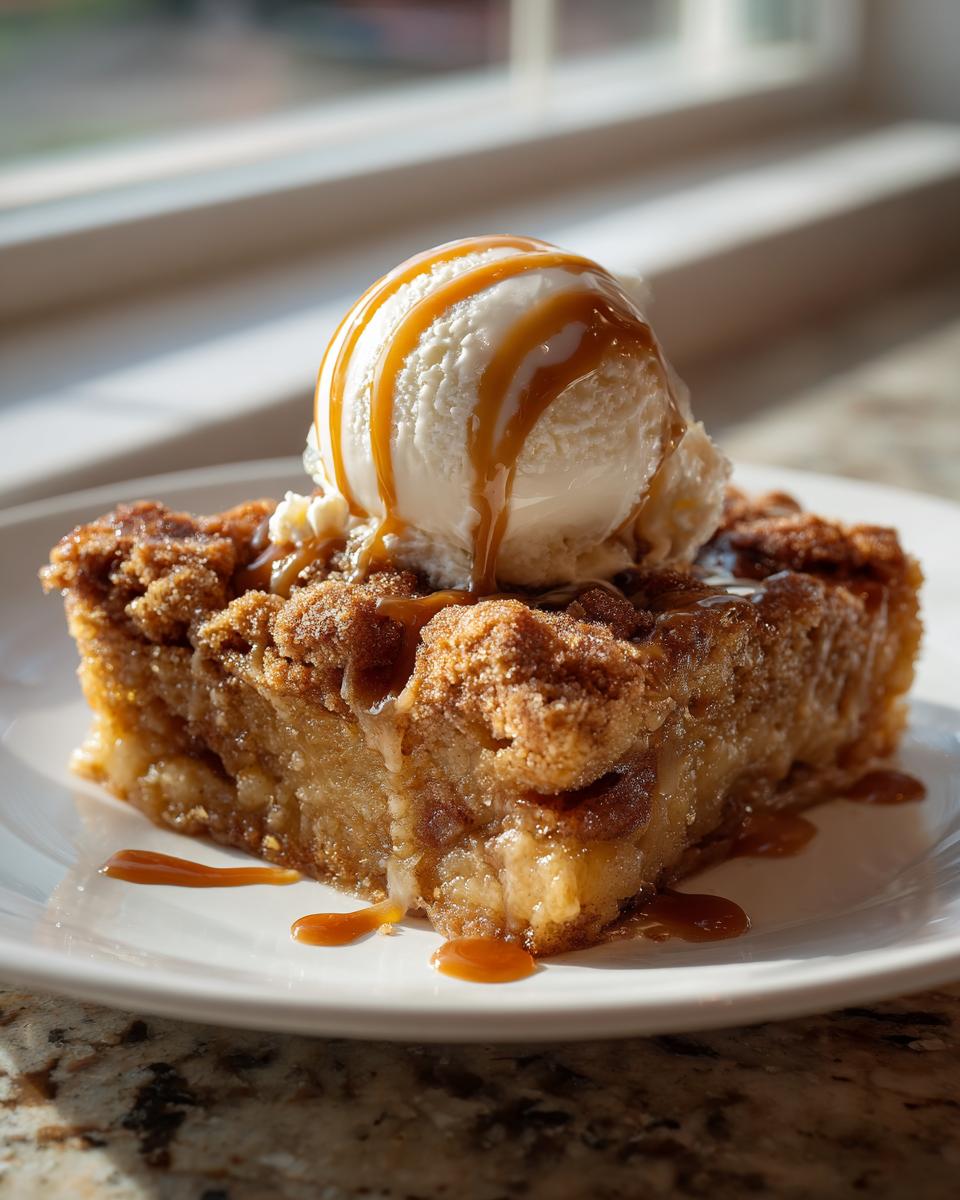A warm slice of snickerdoodle cobbler topped with vanilla ice cream and caramel drizzle.
