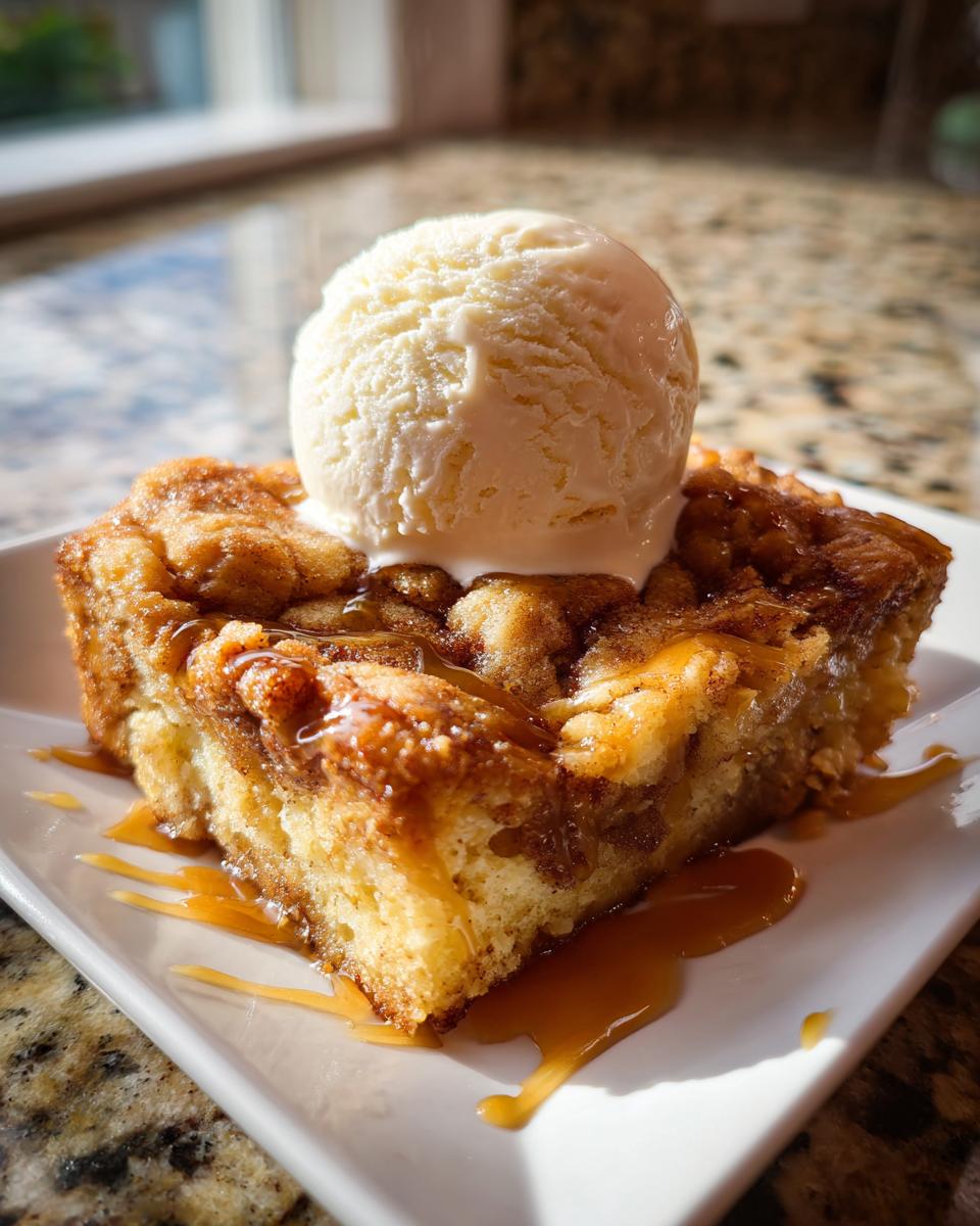 A warm square of snickerdoodle cobbler topped with a scoop of vanilla ice cream and drizzled with caramel sauce.