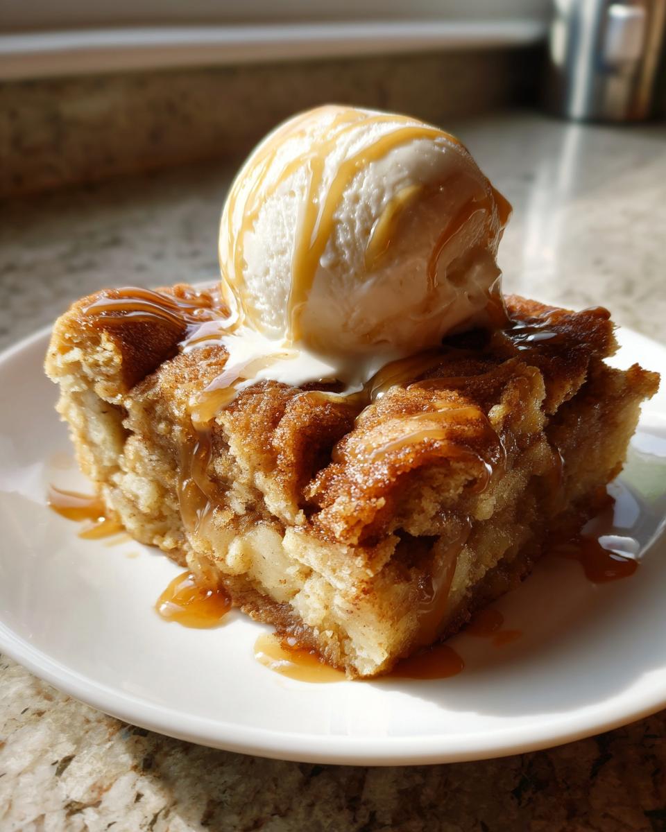 A warm slice of snickerdoodle cobbler topped with vanilla ice cream and caramel drizzle.
