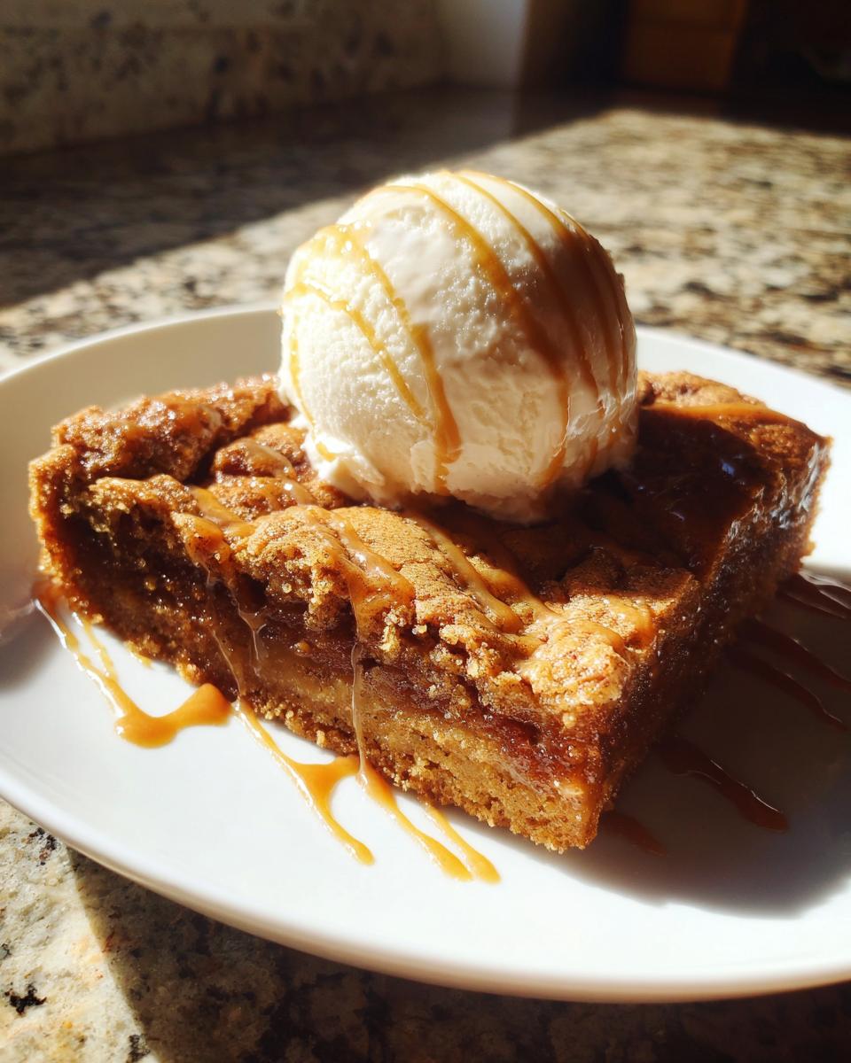 A warm slice of snickerdoodle cobbler topped with vanilla ice cream and caramel drizzle.