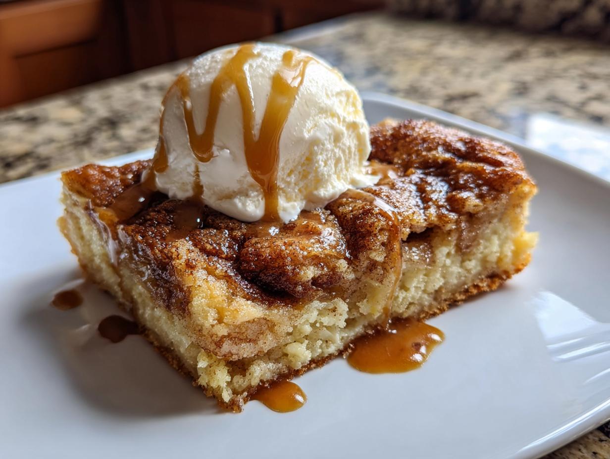 A warm slice of snickerdoodle cobbler topped with vanilla ice cream and caramel drizzle.