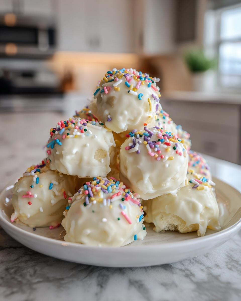 A stack of white chocolate coated sugar cookie truffles generously topped with colorful sprinkles.