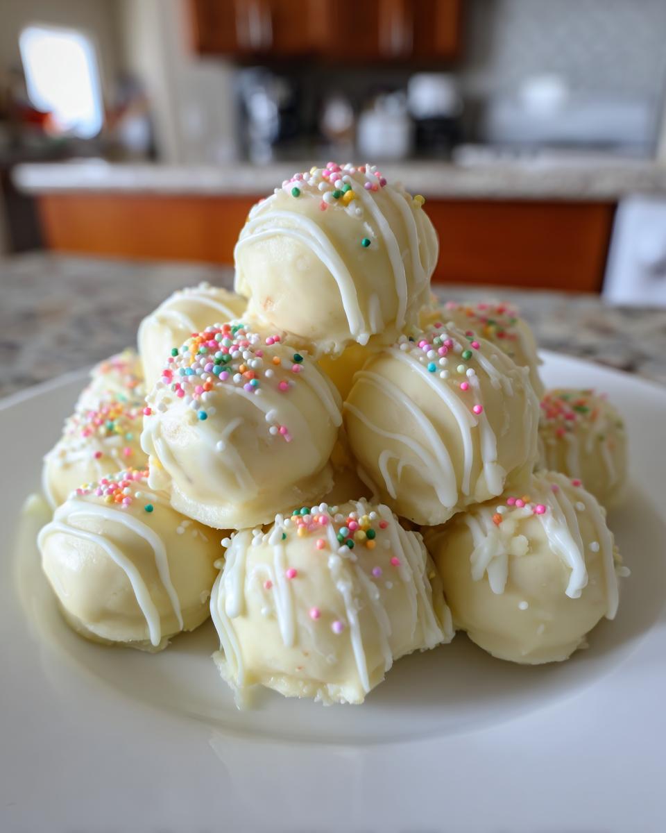 A mound of white chocolate coated sugar cookie truffles decorated with colorful sprinkles and a white chocolate drizzle.