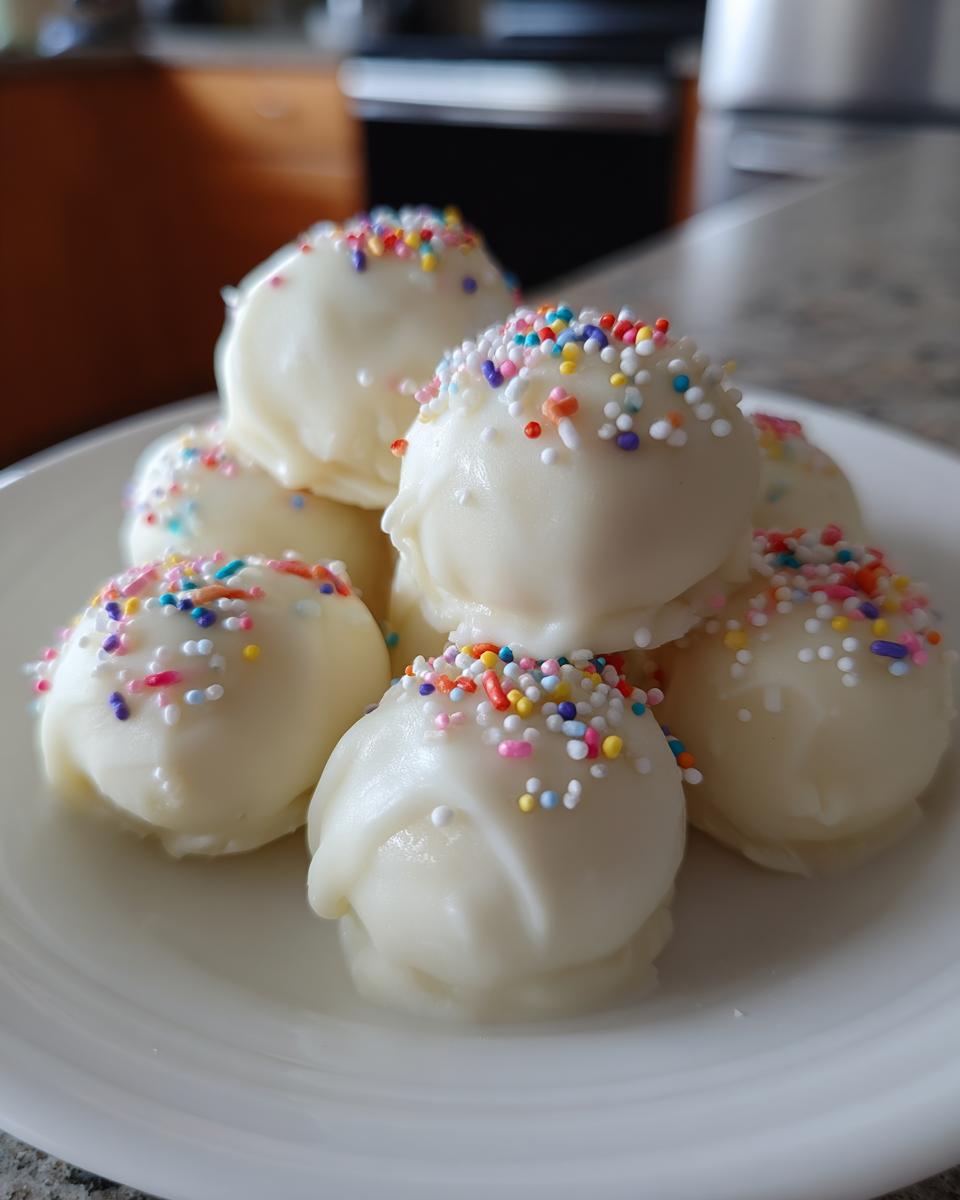 A pile of white chocolate coated sugar cookie truffles topped with colorful sprinkles on a white plate.