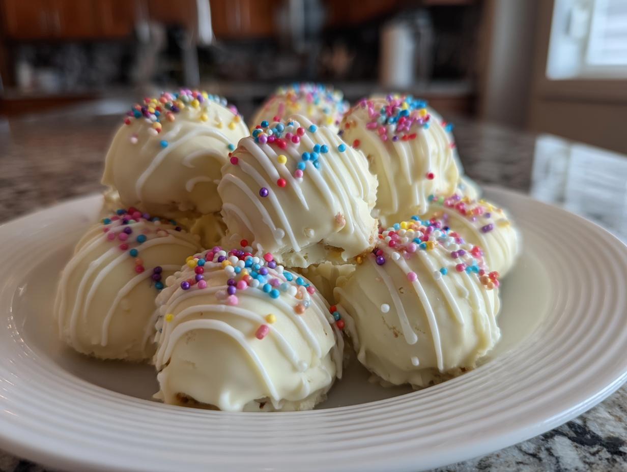 A plate piled high with white chocolate coated sugar cookie truffles, drizzled with white icing and colorful sprinkles.